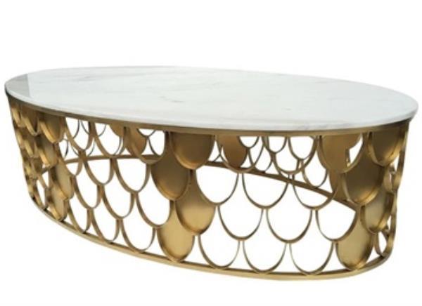 商務(wù)ktv后現(xiàn)代鍍金色不銹鋼橢圓魚(yú)鱗茶幾